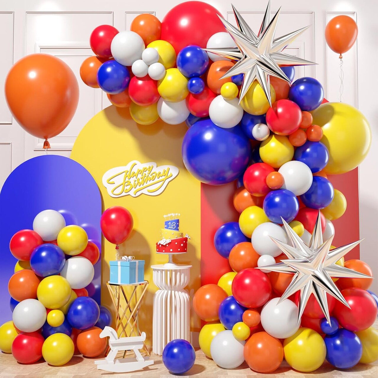Red Yellow Blue Balloon Arch Kit, Colorful Balloon Garland with Red Blue Yellow Orange Latex Balloons